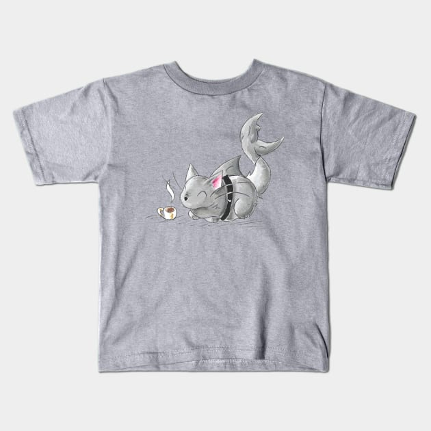 Coffee Loving Cat Shark Kids T-Shirt by KristenOKeefeArt